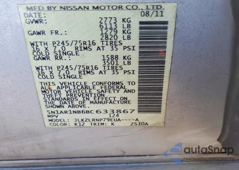 2011 Nissan Pathfinder S z USA, uszkodzony, nr VIN 5N1AR1NB6BC633867